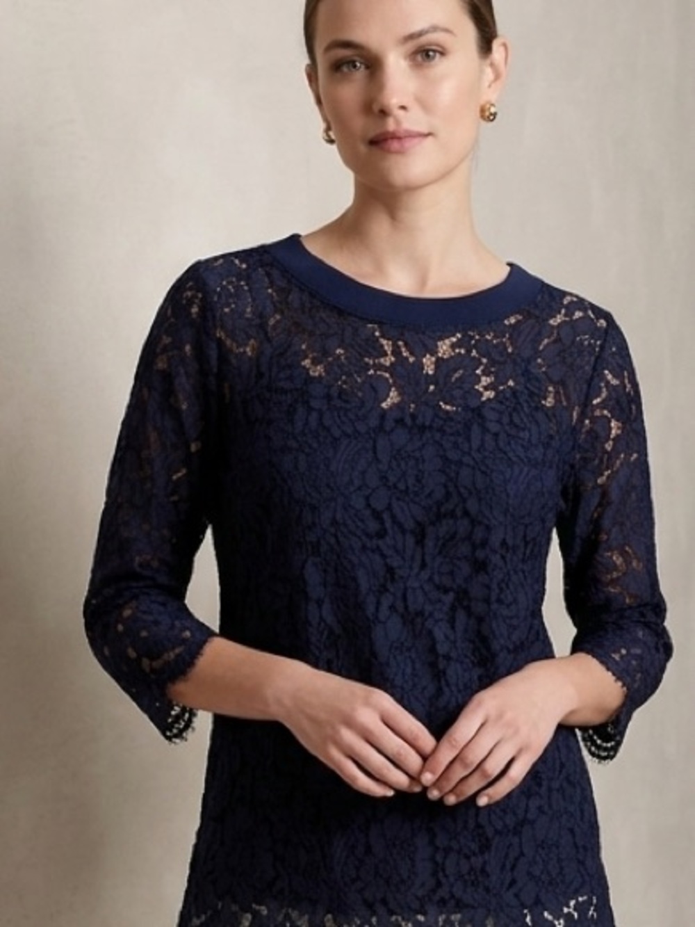 JEFF Brussels Sporty Chic Navy Guipure Lace Top with Cami Liner Cotton Blend S